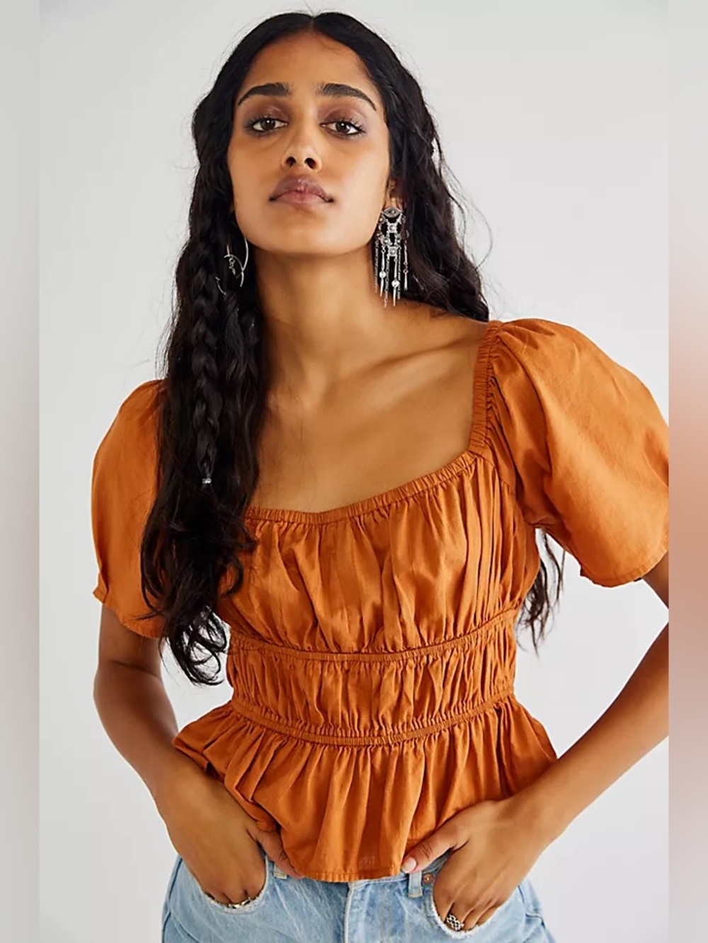 Free People Phoebe Top Rust Puff Sleeve Smocked Blouse 100% Cotton Small